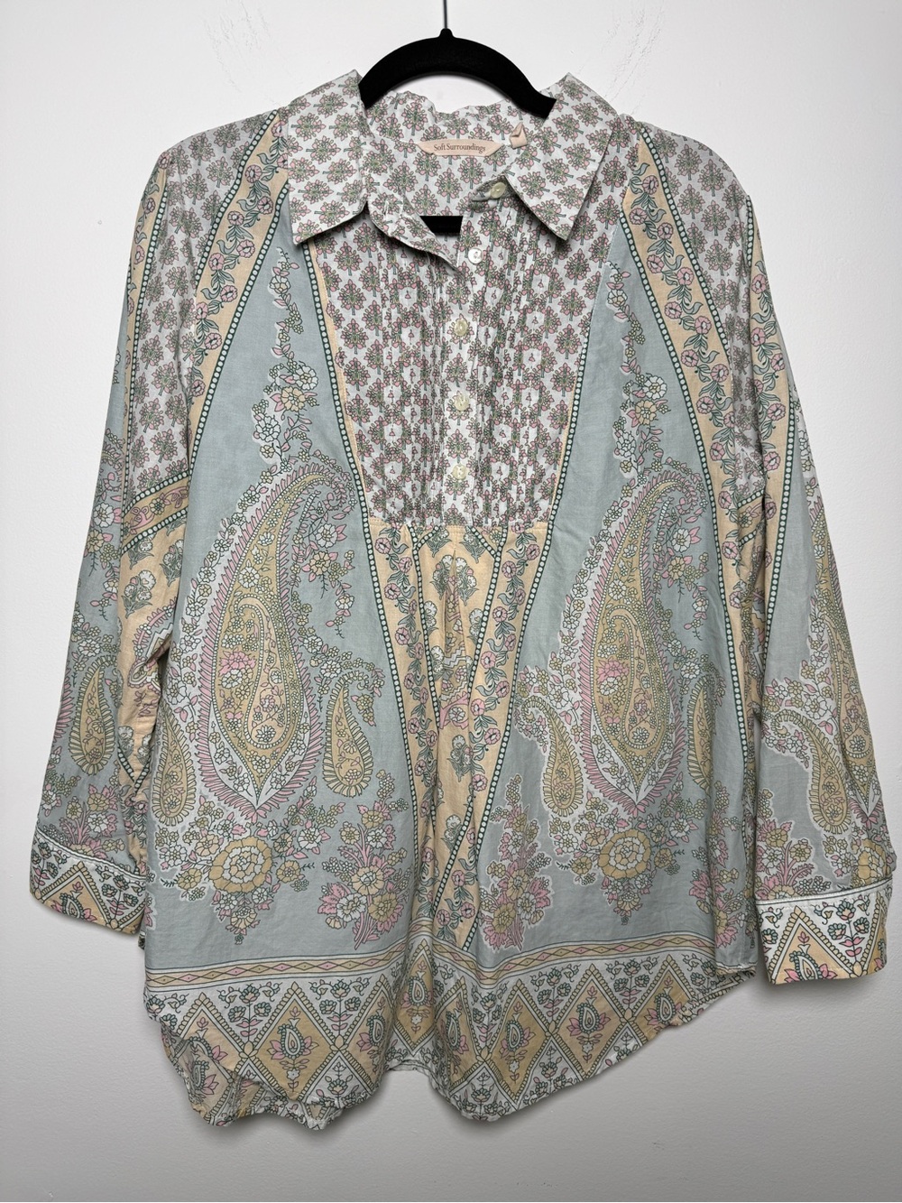 Soft Surroundings Paisley Print Button-Up tunic in Soft Sage and Cream Size PL